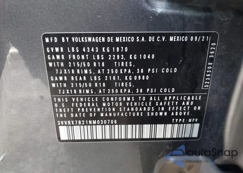 2022 Volkswagen Taos 1.5T Se from USA, damaged, VIN 3VVRX7B21NM030706